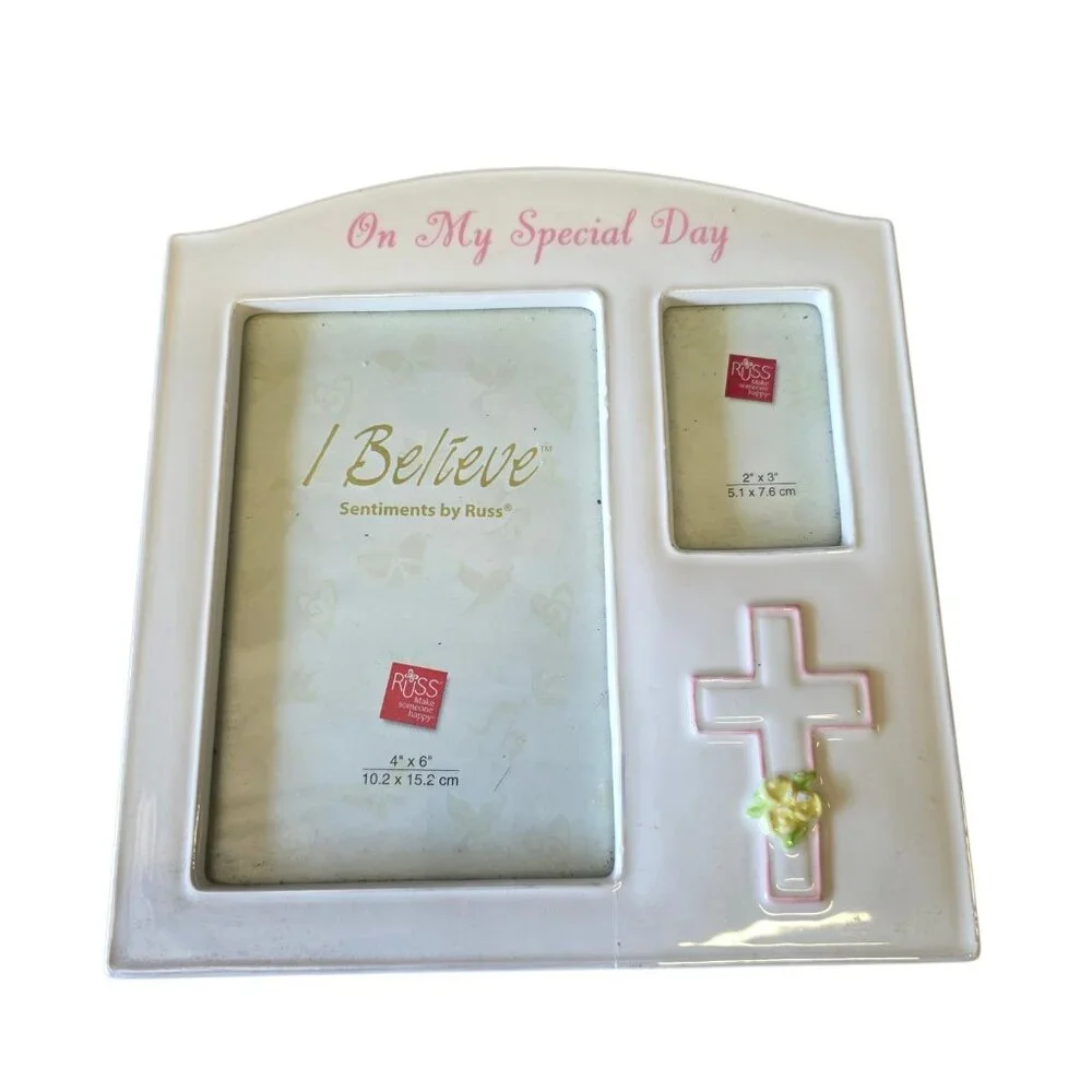 RUSS white ceramic frame ON MY SPECIAL DAY First Communion Girl Pink Cross
